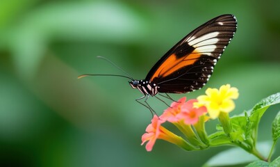 A colorful butterfly with orange, black, and white wings perches on a flower with pink and yellow petals.