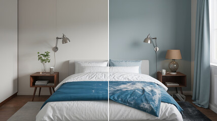 clean and dirty side by side bedroom comparison showcasing contrasting styles and organization. left side features minimalist design, while right side displays more lived in look, evoking sense of