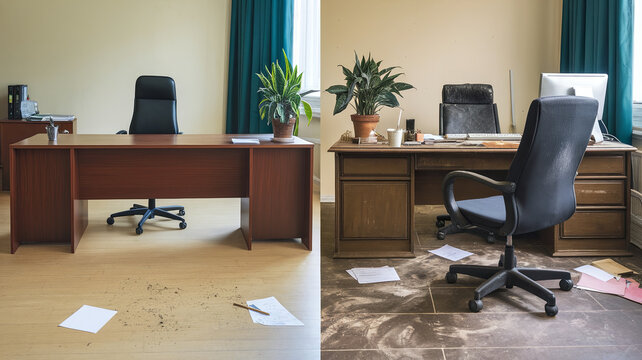 clean and dirty office side by side, showcasing contrasting work environments. left side features tidy desk with plant, while right side displays clutter and disarray, evoking sense of chaos