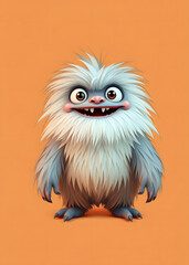 Fototapeta premium Cheerful fluffy monster on a clean bright orange background. Joyful and furry little monster. Charming yeti. Halloween character.