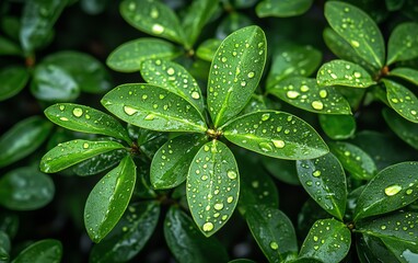Intimate closeup of raindrops on green leaves in a backyard garden, highlighting the beauty of nature during rainfall, peaceful and refreshing vibe
