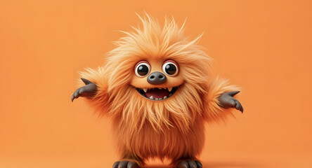 Fototapeta premium Cheerful fluffy monster on a clean bright orange background. Joyful and furry little monster. Charming yeti. Halloween character.
