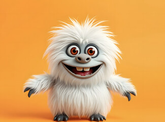 Obraz premium Cheerful fluffy monster on a clean bright orange background. Joyful and furry little monster. Charming yeti. Halloween character.