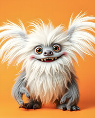 Fototapeta premium Cheerful fluffy monster on a clean bright orange background. Joyful and furry little monster. Charming yeti. Halloween character.