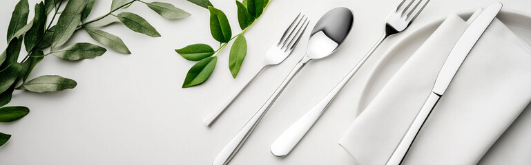 Stylish flat lay of cutlery and silverware on a white background, top view. Minimalist dining table setting with modern stainless steel spoons, knives, forks, a plate, and a napkin, with a green plant
