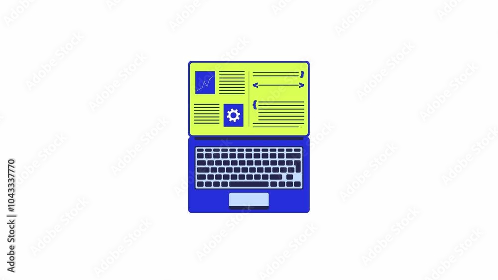 Fototapete open laptop screen with programming software 2d object animation. gear chart brackets gadget cartoon