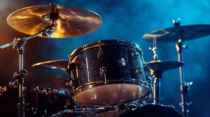 Obraz premium A set of drums with shiny cymbals ready for a live performance. 