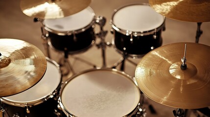 Fototapeta premium A set of drums with shiny cymbals ready for a live performance. 