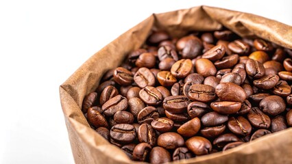 Fototapeta premium Roasted coffee beans in bag and around it on white background