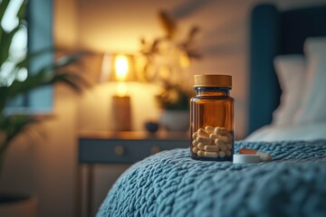 Nighttime Pill Organizer. Amber medicine bottle with pills on cozy blue bedspread in bedroom, ideal for healthcare, wellness, home care, night routine, or pharmaceutical advertising with warm ambient