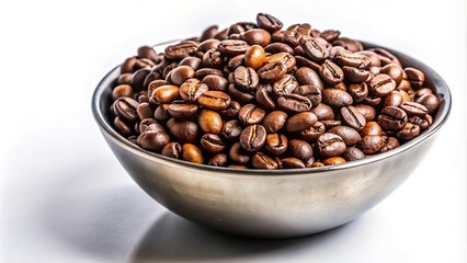 Fototapeta premium Roasted coffee beans in metal bowl on white background