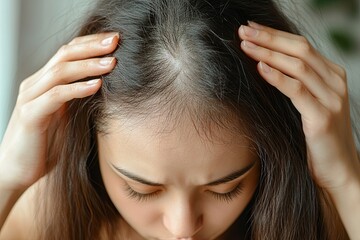 Fototapeta premium Hair loss problem, Asian woman look at scalp worry about balding, Generative AI