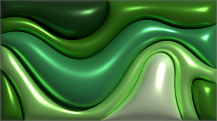 Dynamic 3D abstract wavy background, inflated balloon like forms in green monochrome colors, fluid shapes create a sense of motion and depth