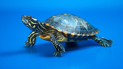 Obraz premium A turtle with a colorful shell on a blue background.