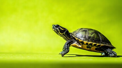 Fototapeta premium A small turtle walking towards the right of the frame on a green background.
