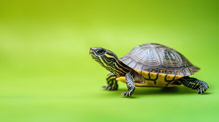 Fototapeta premium A small turtle walking towards the right of the frame on a green background.