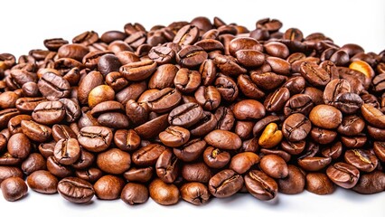 Fototapeta premium Roasted coffee beans isolated on white background in wide-angle shot