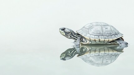 A turtle with a patterned shell is on a grey background.