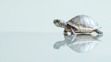 A turtle with a patterned shell is on a grey background.
