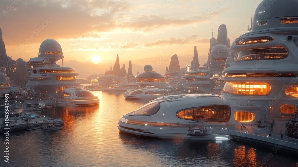 Poster the sun sets over a futuristic city, casting warm hues on sleek buildings and waterways. advanced st