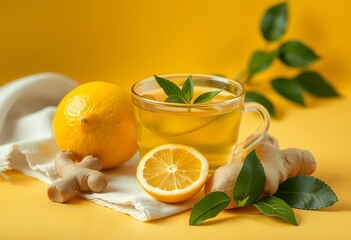 Ginger Lemon Tea with Mint Healthy Drink Immunity Boost Fresh Ingredients Yellow Bac
