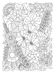 Flower pattern. Vector doodle flowers in black and white. Page adult coloring book. Coloring Flower Page.