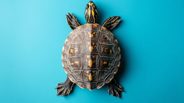 A turtle with a patterned shell on a blue background.