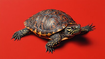 A small turtle crawls on a bright red background.