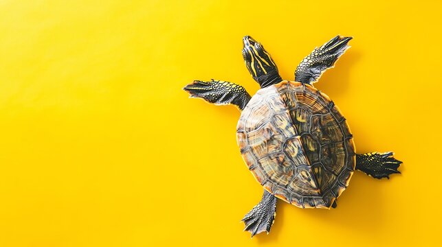 A turtle with a patterned shell on a yellow background.