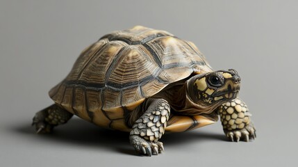 Fototapeta premium A small turtle with a dark brown and yellow shell is walking on a white surface with its reflection visible.