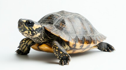 Obraz premium A small turtle with a dark brown and yellow shell is walking on a white surface.