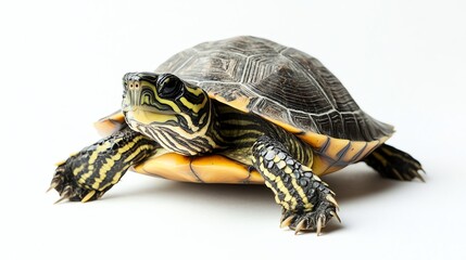 Obraz premium A small turtle with a dark brown and yellow shell is walking on a white surface.