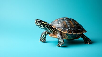 A turtle with a patterned shell walks on a blue background.