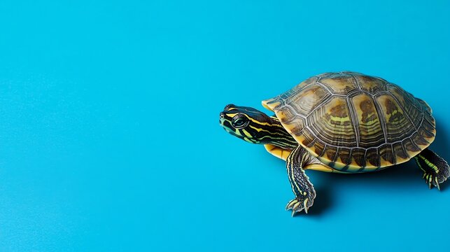 A turtle with a patterned shell walks on a blue background.