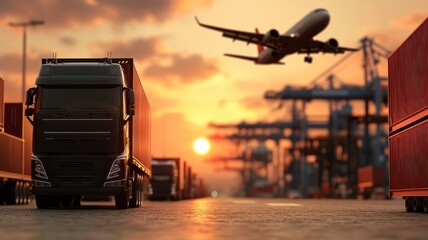Fototapeta premium Truck and airplane in a busy logistics hub during sunset.