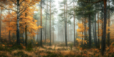 A forest with trees in the foreground and background
