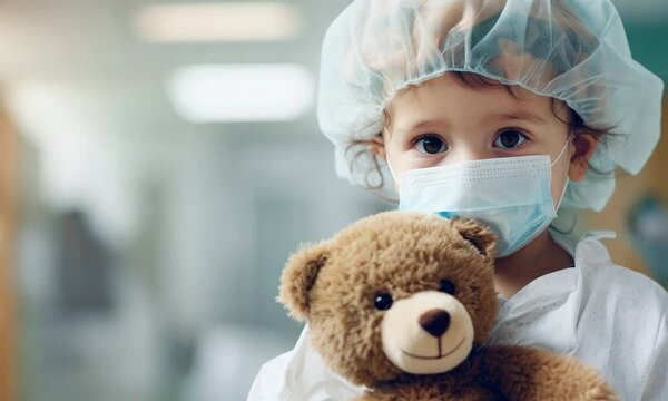 child with face mask and teddy bear in hospital