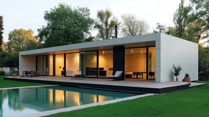 Modern Minimalist House with Pool:  A sleek and contemporary single-story house with a minimalist design.