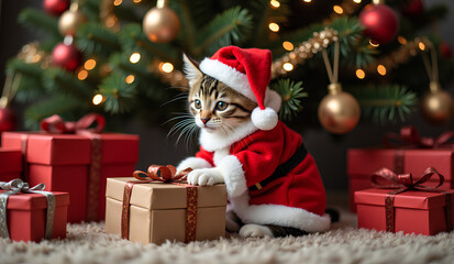 Obraz premium Cat in a Santa suit is standing in front of a Christmas tree and a box. The cat is looking at the camera, and the scene is festive and joyful