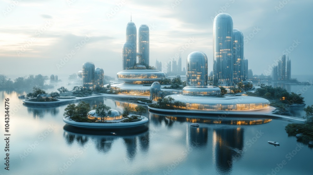Aufkleber A cutting-edge cityscape showcases modern architecture with smooth, rounded structures enveloped by water, surrounded by lush greenery at dawn. The atmosphere is tranquil.