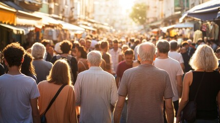 A Vivid Crowded Urban Street Scene, Displaying Diverse Faces Across Multiple Age Groups and Ethnicities, Highlighting the Aging Society Issue, Providing Extensive Copy Space for Text or Design Element
