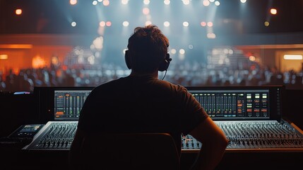 A sound technician monitoring audio levels from a control booth, ensuring an immersive concert experience for the audience.