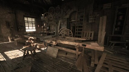 Inside a historic carpentry workshop, wooden tools line the shelves, casting shadows on the floor. Sunlight filters through the dusty window, illuminating an era of craftsmanship and tradition.