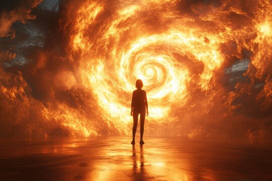 Space Portal Glow. Ai singularity Speculative fiction Simulated reality Immersive experiences aphantasia Alightmotion Vflix Motion array Mubi Palantir Person standing in front of fiery swirling vorte