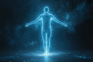 Digital Light Effects. Futuristic human figure glowing with digital particles, standing in dark space with blue light effects, perfect for technology, AI, innovation, science presentations, or digita