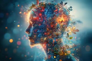 A human figure surrounded by abstract shapes and symbols, representing the exploration of ideas without religious boundaries