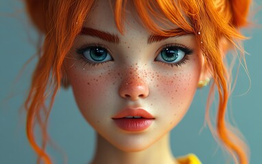 Obraz premium Lifelike closeup of a 3D girl character, showcasing detailed textures and vivid colors, with a playful expression that captures attention