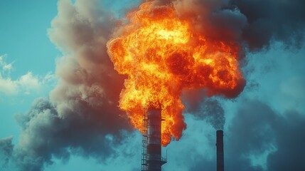 Fototapeta premium An industrial tower is engulfed in a large explosion, with flames and smoke rising into the sky. The image portrays a dramatic industrial disaster.