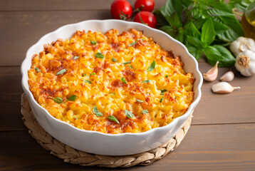 Traditional North American dish. Baked pasta with cheese.
