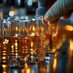 A gloved hand places a test tube with golden liquid into a rack of similar tubes in a laboratory, highlighting precision and research.